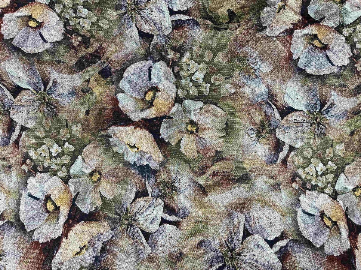 Olive and violet modal jersey fabric by Cheapfabrics featuring a forestry-inspired pattern on soft, stretchy jersey material.