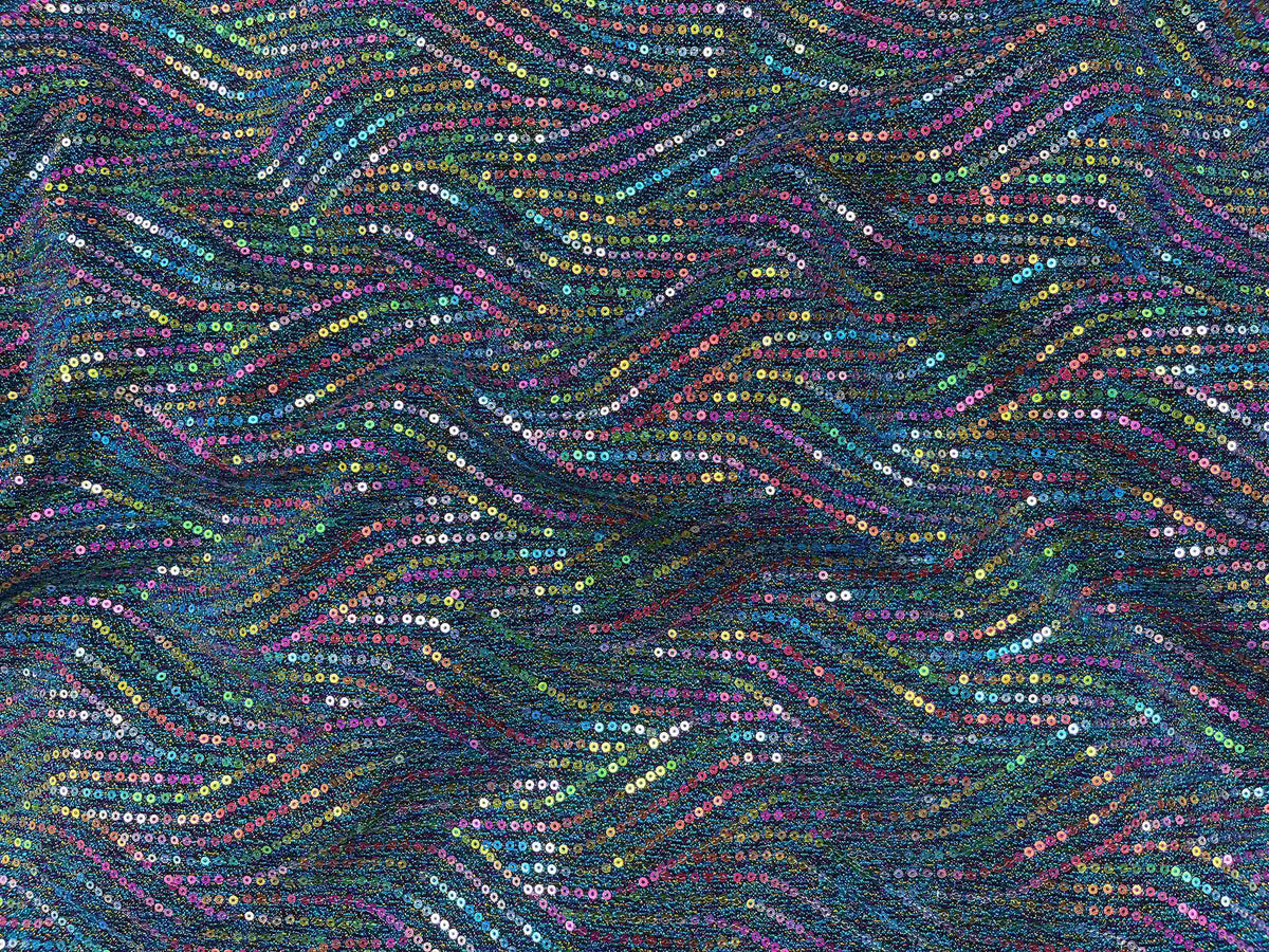 Colorful multi sequin jersey knit fabric by Cheap Fabrics, showing shiny, textured sequined material for clothing and craft projects.