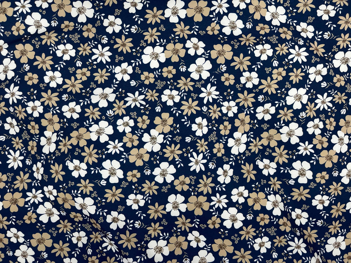 Navy Beige Floral - Printed Peachskin Fabric - Cheap Fabrics