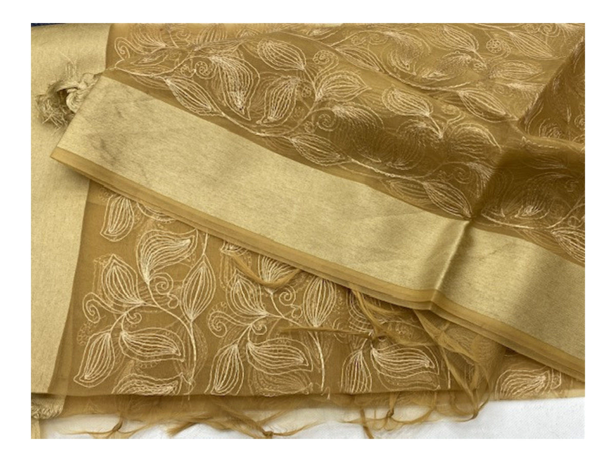 Gold Embroidered Organza Scarf/Shoulder Wraps With Tassel Finish (SECONDS) - Cheap Fabrics