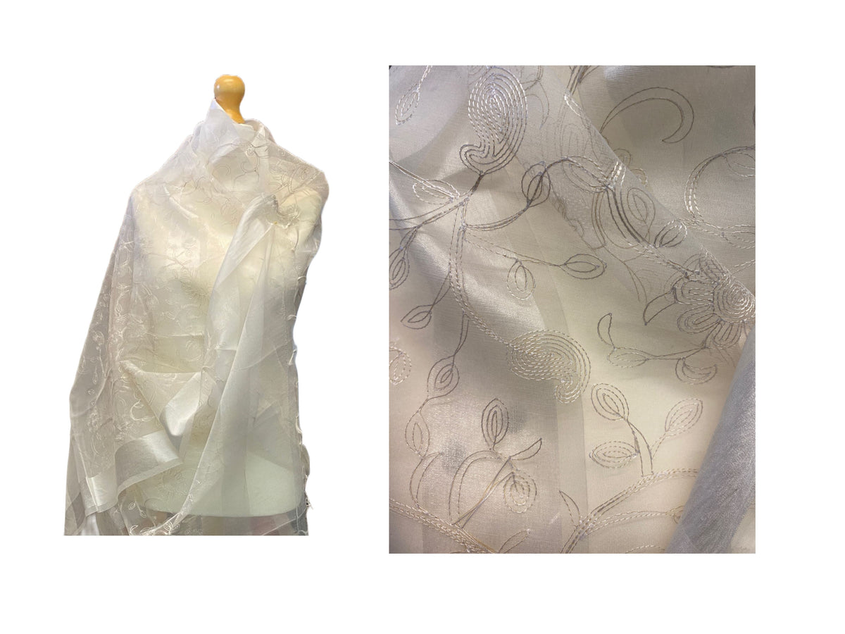 Ivory Embroidered Organza Scarf/Shoulder Wraps With Tassel Finish (SECONDS) - Cheap Fabrics