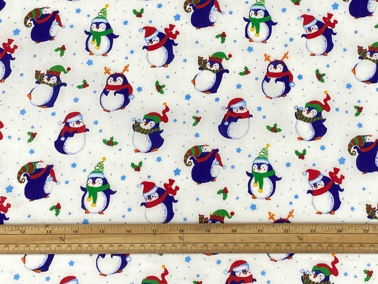 Christmas Royal Penguins - Poly/Cotton Print - Cheap Fabrics