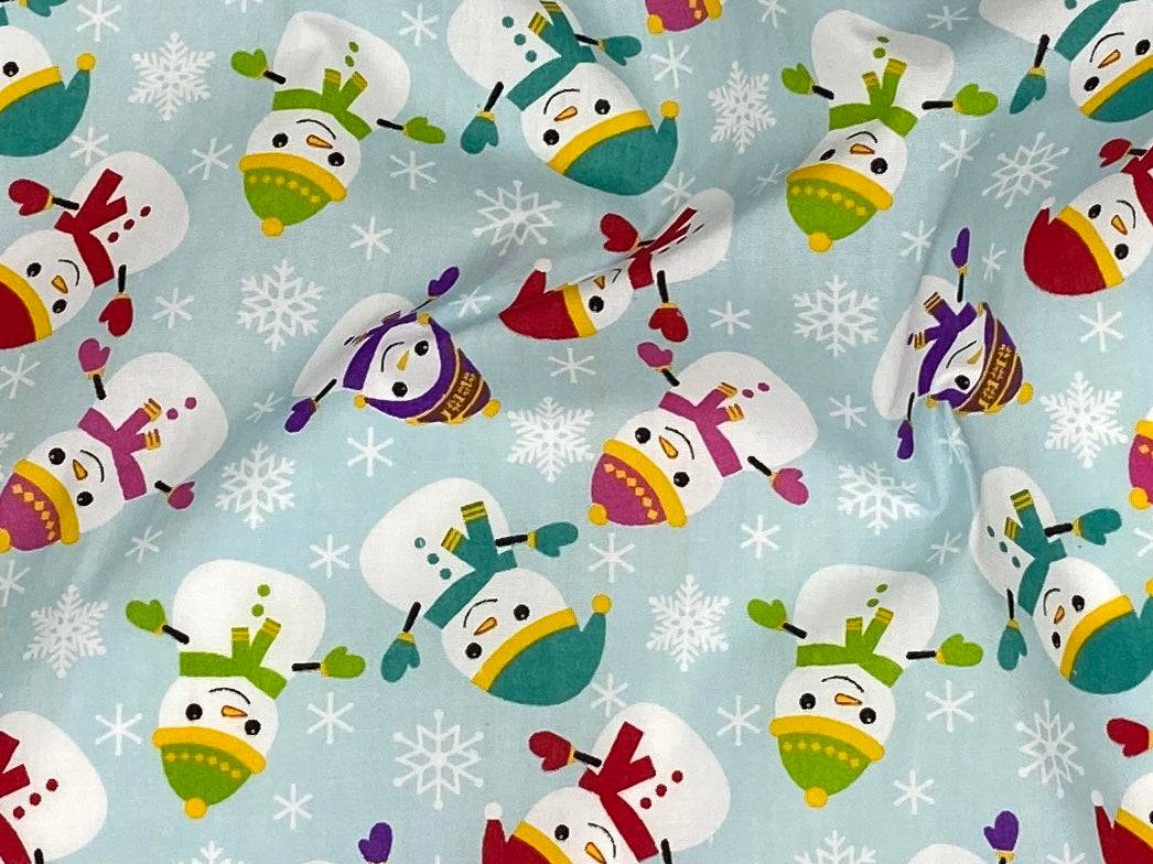 Christmas Snowman And SnowFlakes - Poly/Cotton Print - Cheap Fabrics