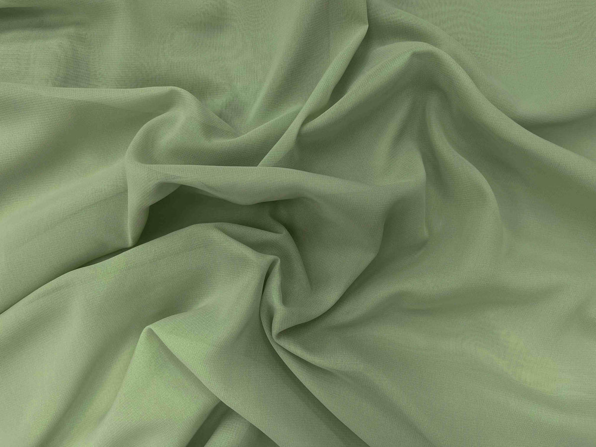 Plain pea green Hi-Multi chiffon fabric from Cheap Fabrics, lightweight and sheer chiffon textile for elegant clothing and crafts.
