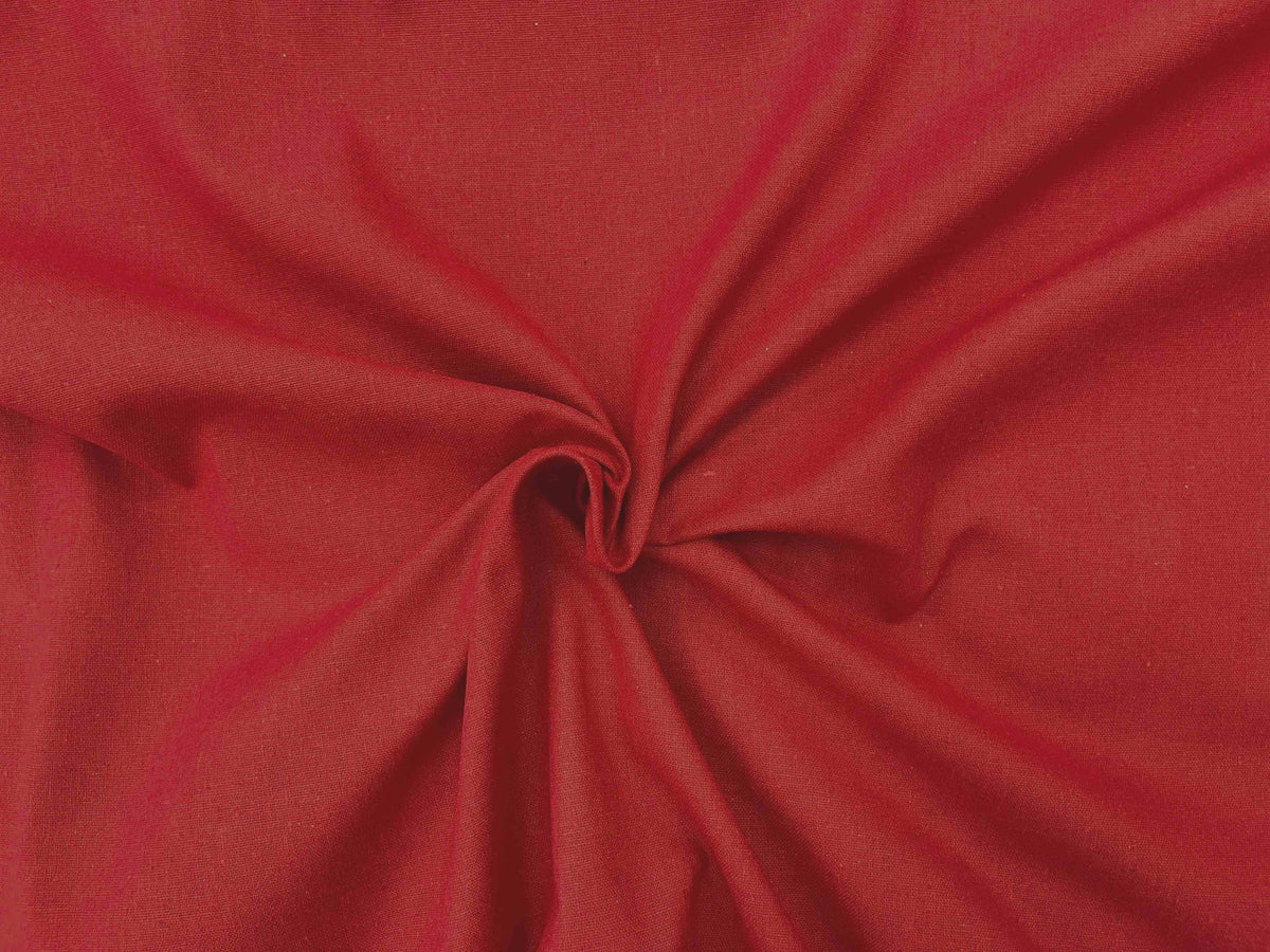 Red plain faux linen fabric by Cheap Fabrics, showing smooth, textured linen material suitable for upholstery, crafts, and sewing projects.