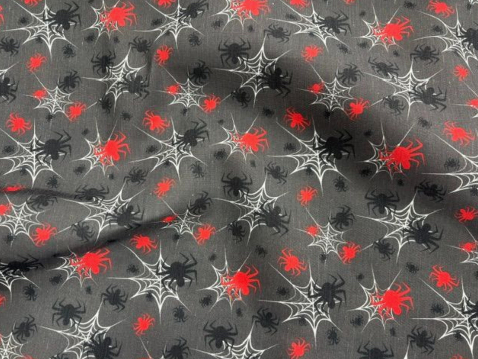 Cheapfabrics Spiders Web Halloween poly/cotton fabric print in dark grey