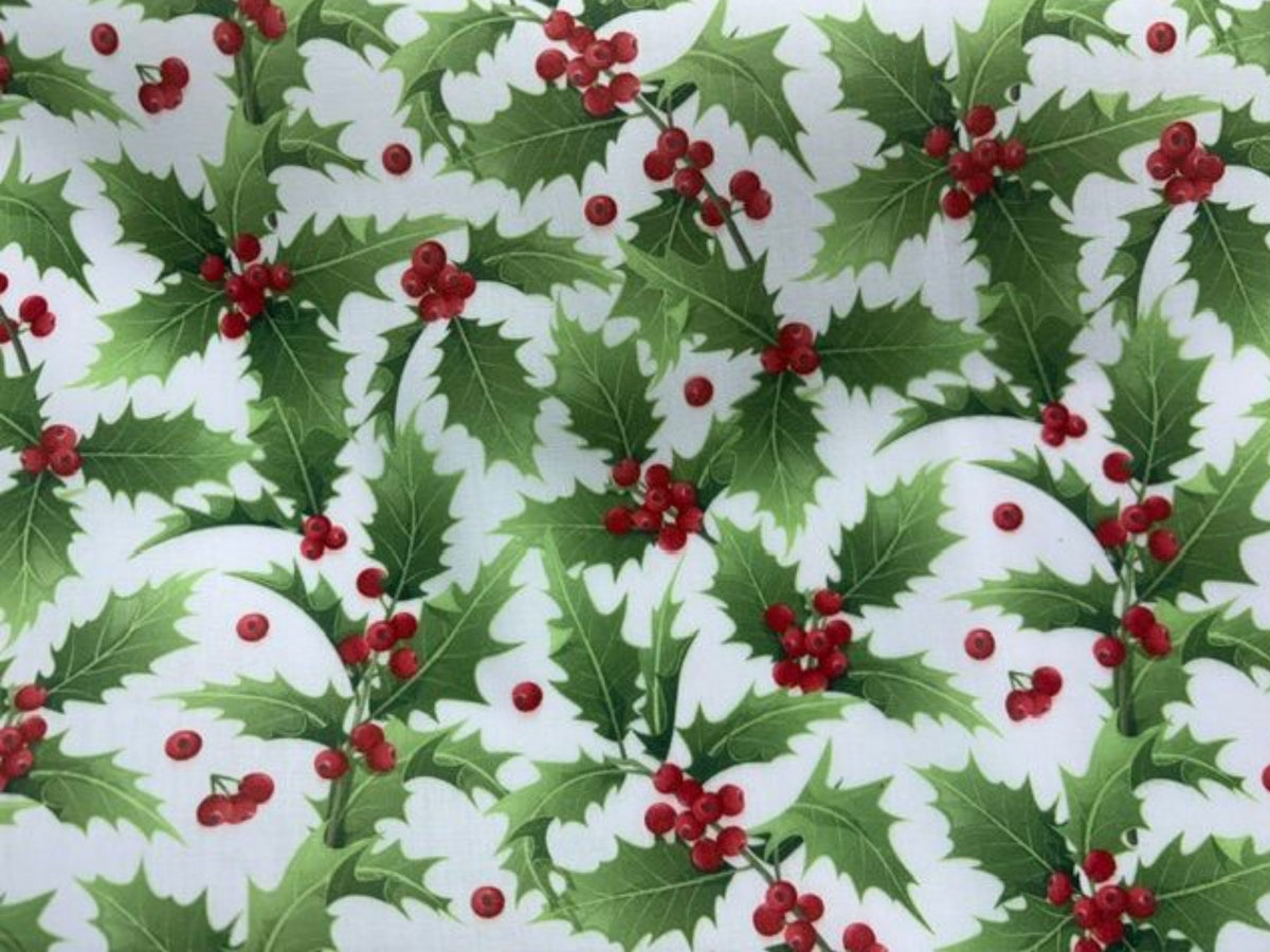 Christmas classic white holly poly/cotton fabric by Cheapfabrics.
