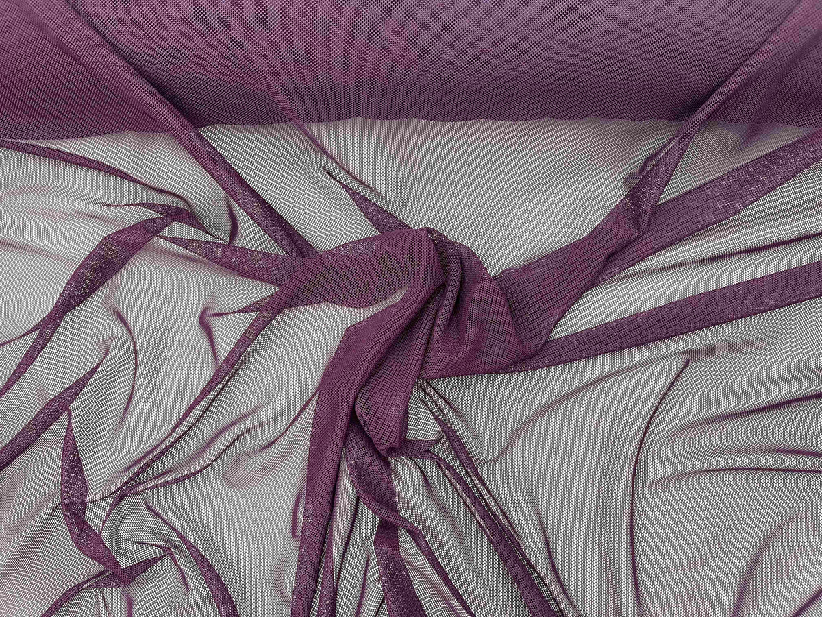 Aubergine power mesh tulle fabric by Cheap Fabrics, showing soft, stretchy material with a fine mesh texture suitable for fashion and craft projects.