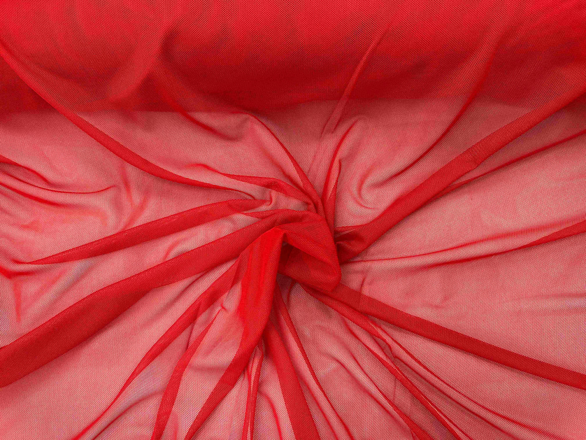 Red Power Mesh tulle fabric from Cheap Fabrics, showcasing its stretchy, lightweight texture suitable for fashion and craft projects.
