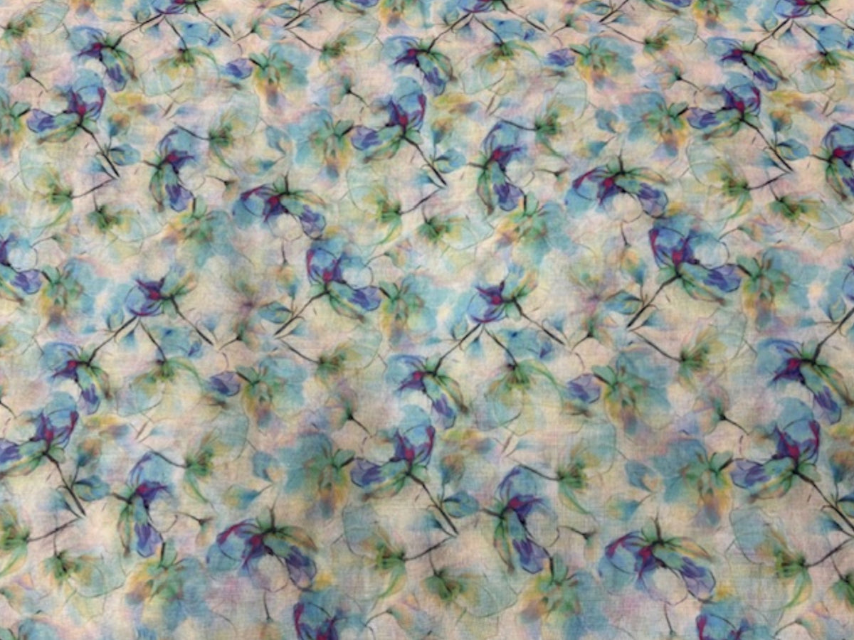 Printed voile fabric with aqua mist watercolour floral pattern, lightweight and sheer for apparel or home decor.