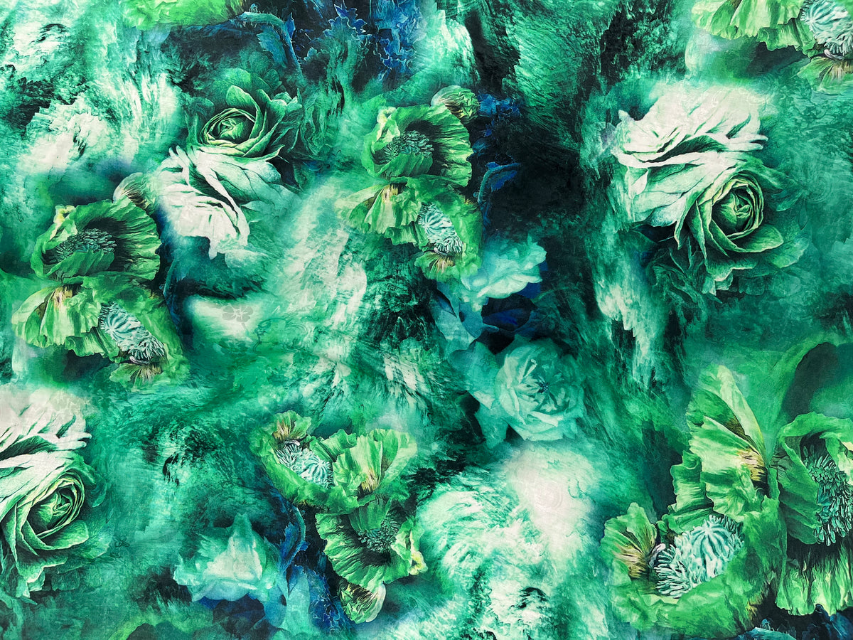 Printed Cotton Silk Fabric - Green Rose