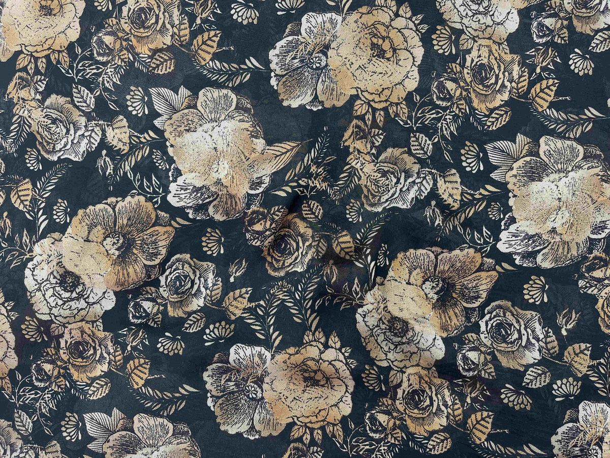 Beige printed chiffon fabric with rose floral pattern from Cheap Fabrics, showcasing lightweight, sheer material with vibrant floral design.