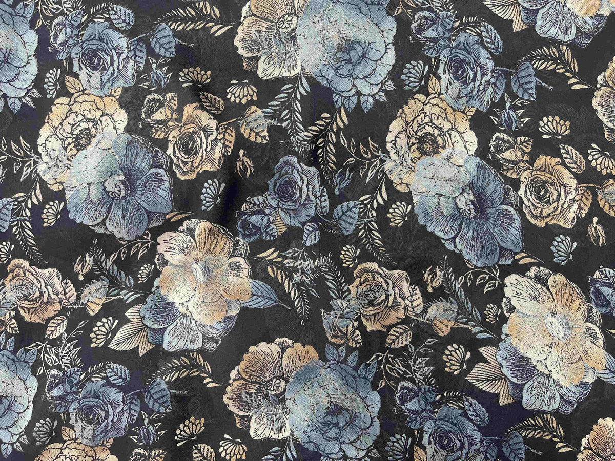 Blue and grey rose floral printed chiffon fabric from Cheap Fabrics, showcasing a delicate, lightweight chiffon material with floral pattern.