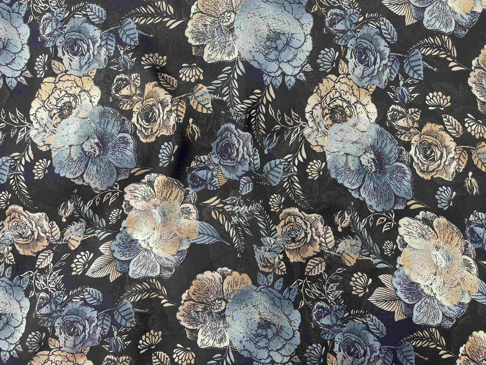 Printed chiffon fabric with a rose floral lavender pattern from Cheap Fabrics, showcasing a lightweight, sheer material with vibrant floral design.
