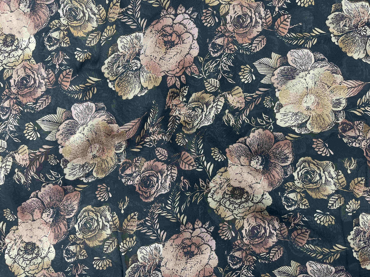 Pink rose floral printed chiffon fabric from Cheap Fabrics, showing lightweight, flowy chiffon with vibrant rose pattern design.
