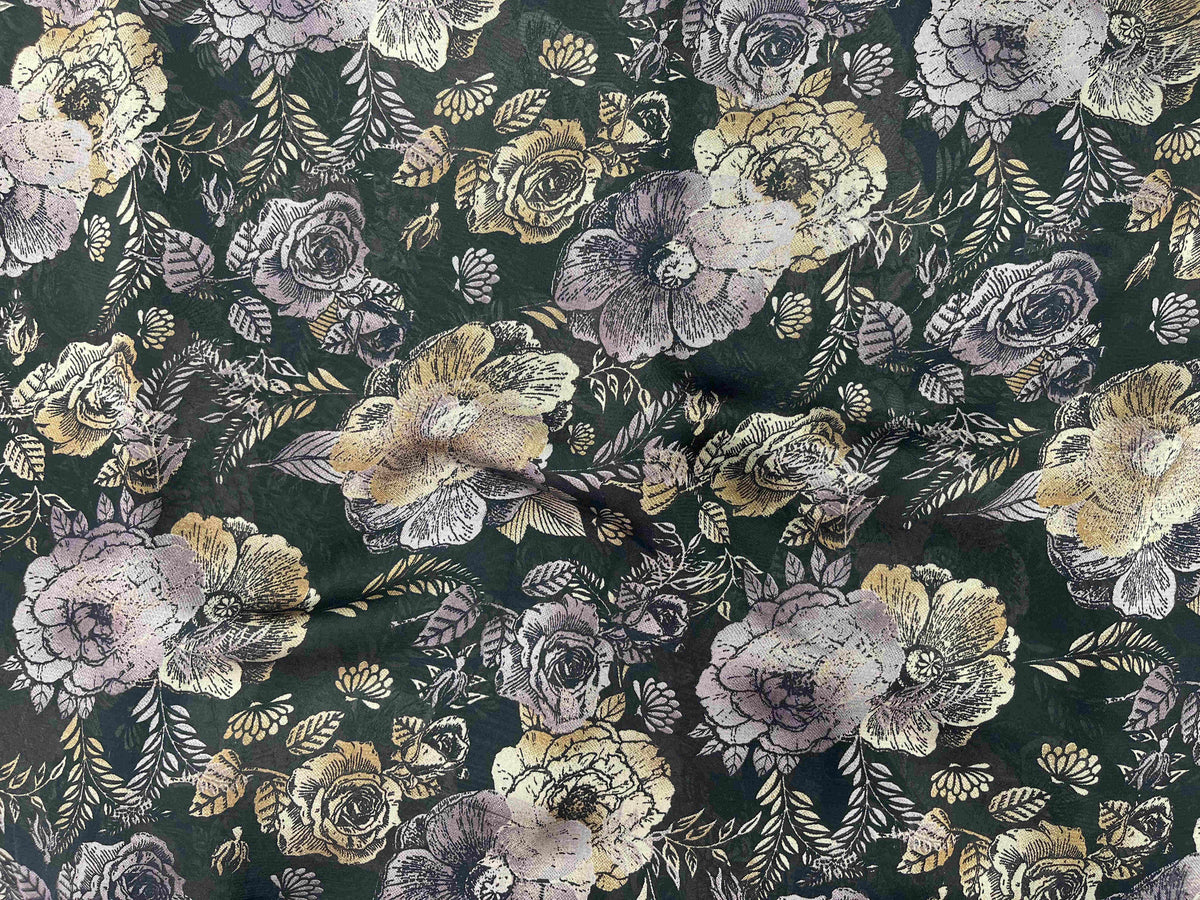 Printed chiffon fabric with a rose floral lavender pattern from Cheap Fabrics, showcasing a lightweight, sheer material with vibrant floral design.