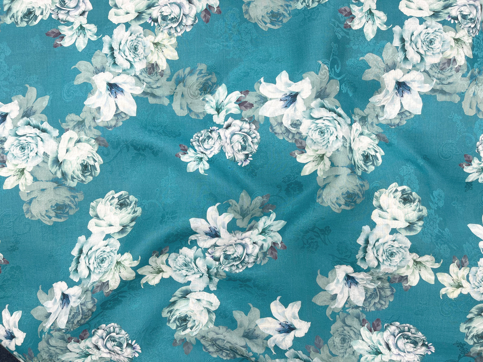 Printed Cotton Silk Fabric - Teal Rose - Cheap Fabrics