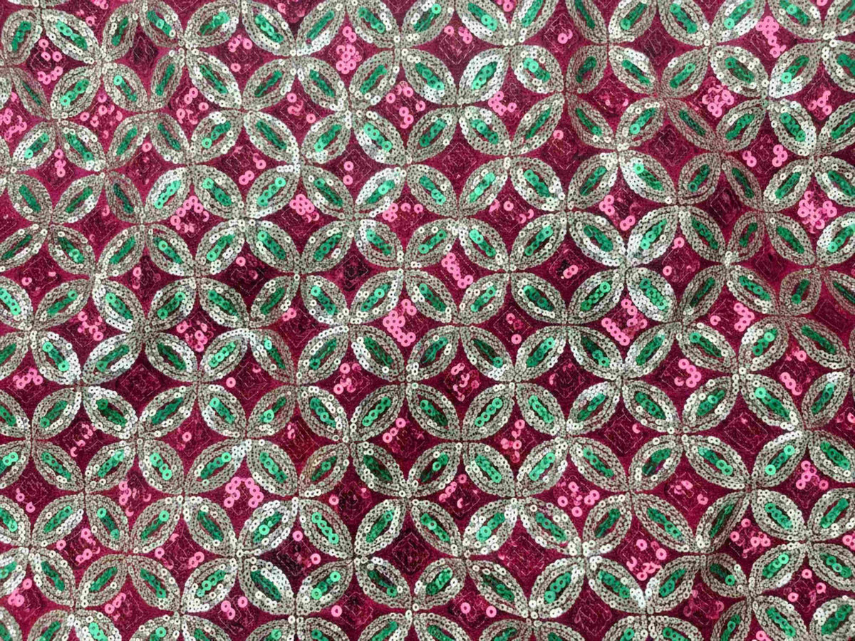 Red Green Velvet Stitched Sequin Fabric - Cheap Fabrics