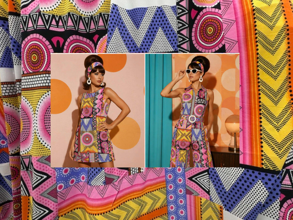 Colorful retro flair printed jersey fabric by Cheapfabrics, featuring vibrant patterns and soft, breathable jersey material.