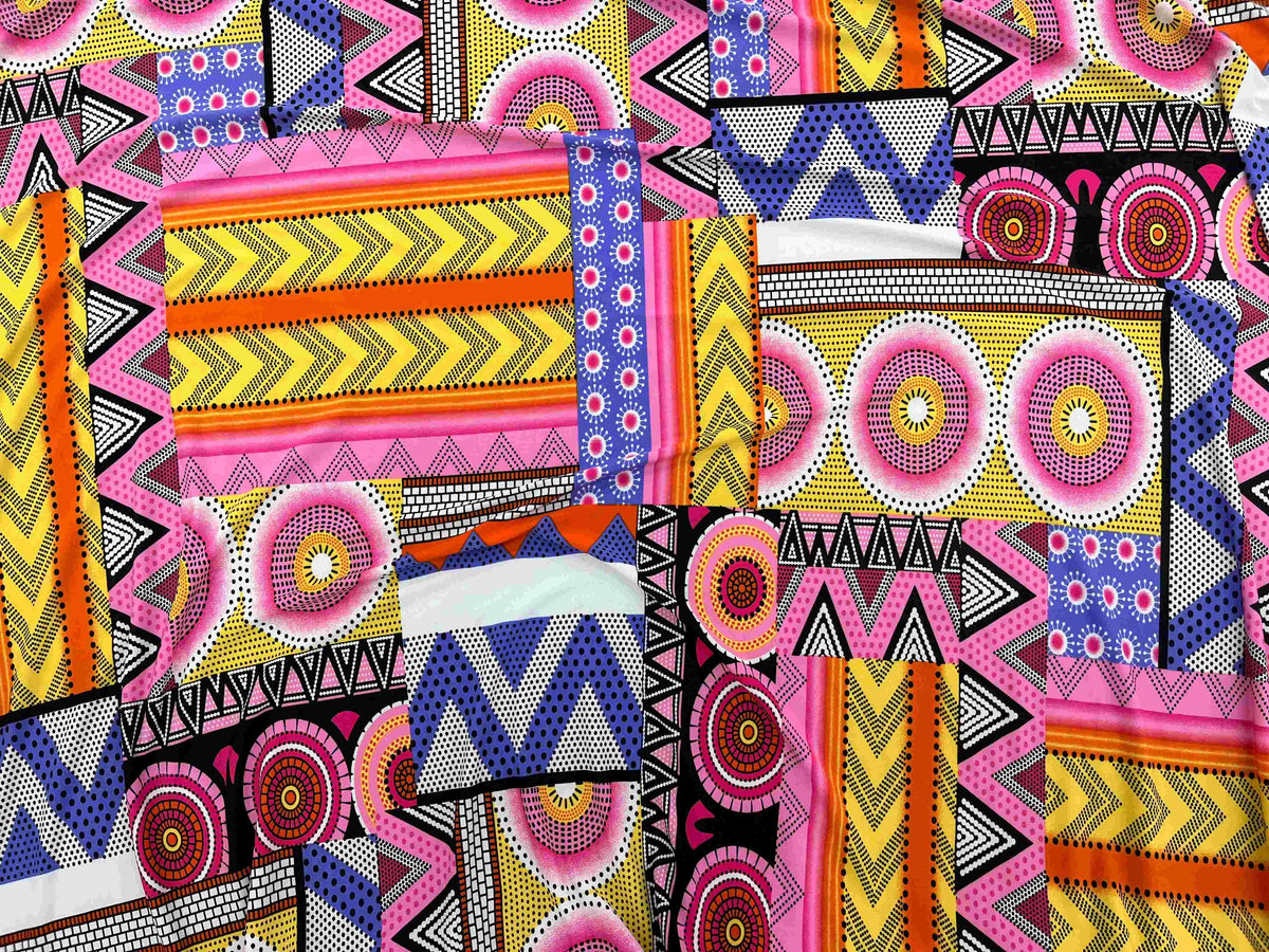 Colorful retro flair printed jersey fabric by Cheapfabrics, featuring vibrant vintage-inspired patterns on soft jersey material.