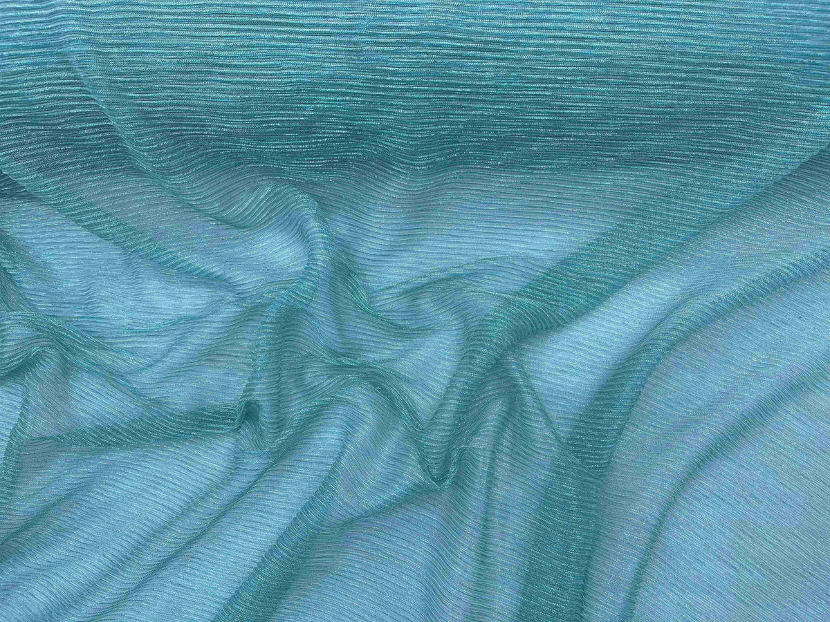 Aqua ribbed metal chiffon knit fabric from Cheap Fabrics, showcasing its textured, lightweight, and shimmering material.