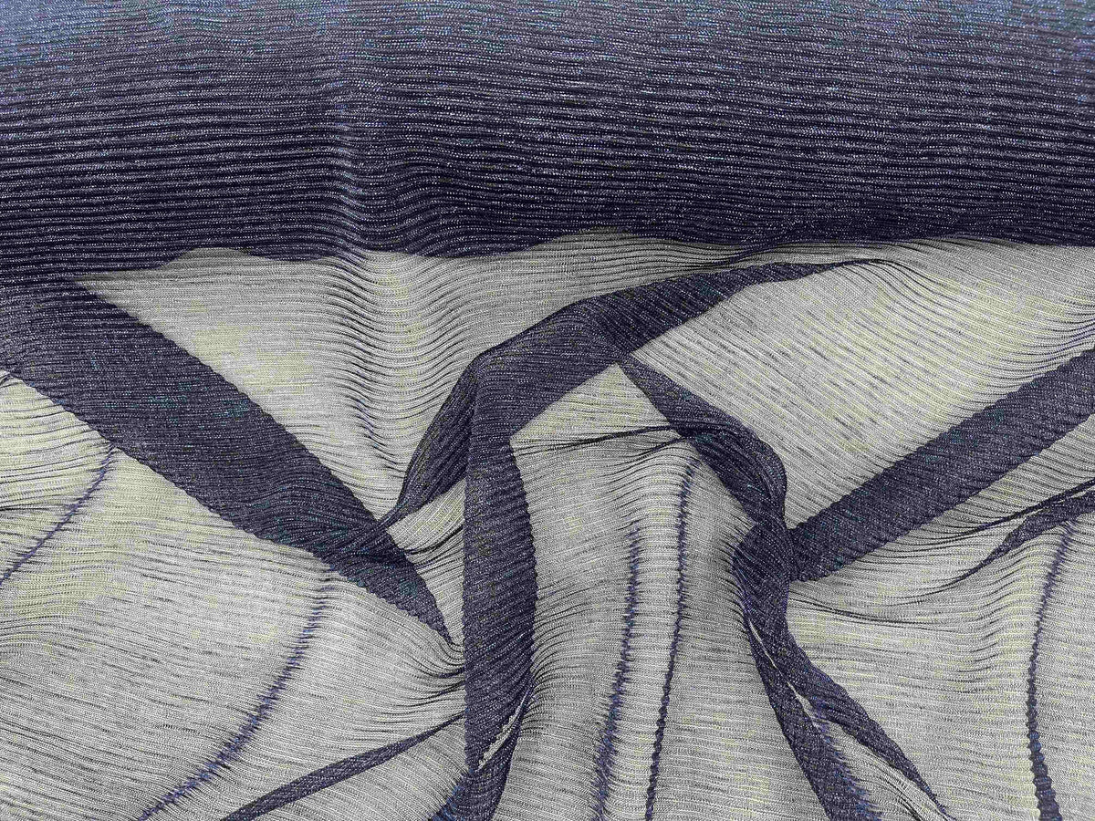 Navy ribbed metal chiffon knit fabric by Cheap Fabrics, showcasing lightweight, textured chiffon with metallic sheen and ribbed pattern.