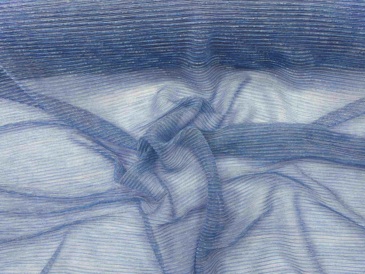 Pale blue ribbed metal chiffon knit fabric by Cheap Fabrics, showcasing a lightweight, textured chiffon material with a metallic sheen.