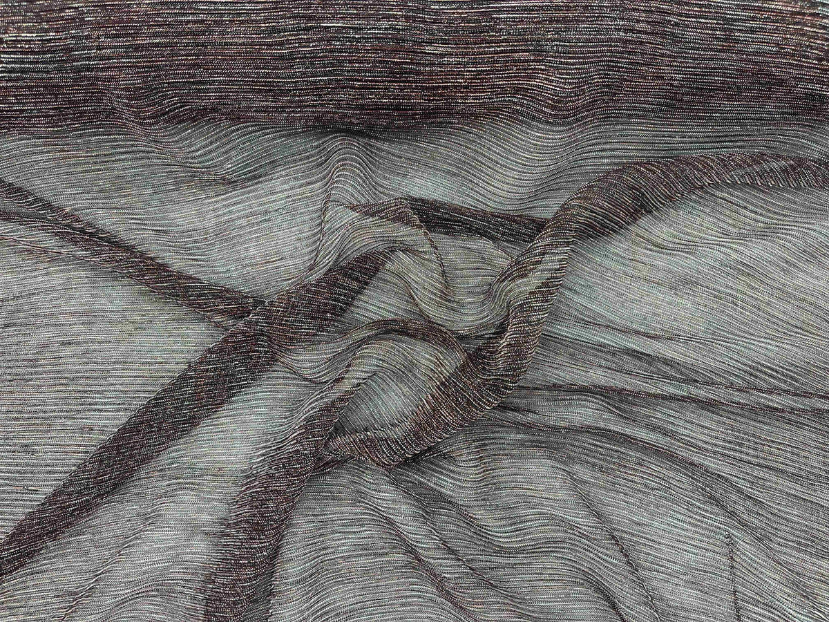 Pink and black ribbed metal chiffon knit fabric by Cheap Fabrics, showcasing soft, textured chiffon material with metallic sheen.