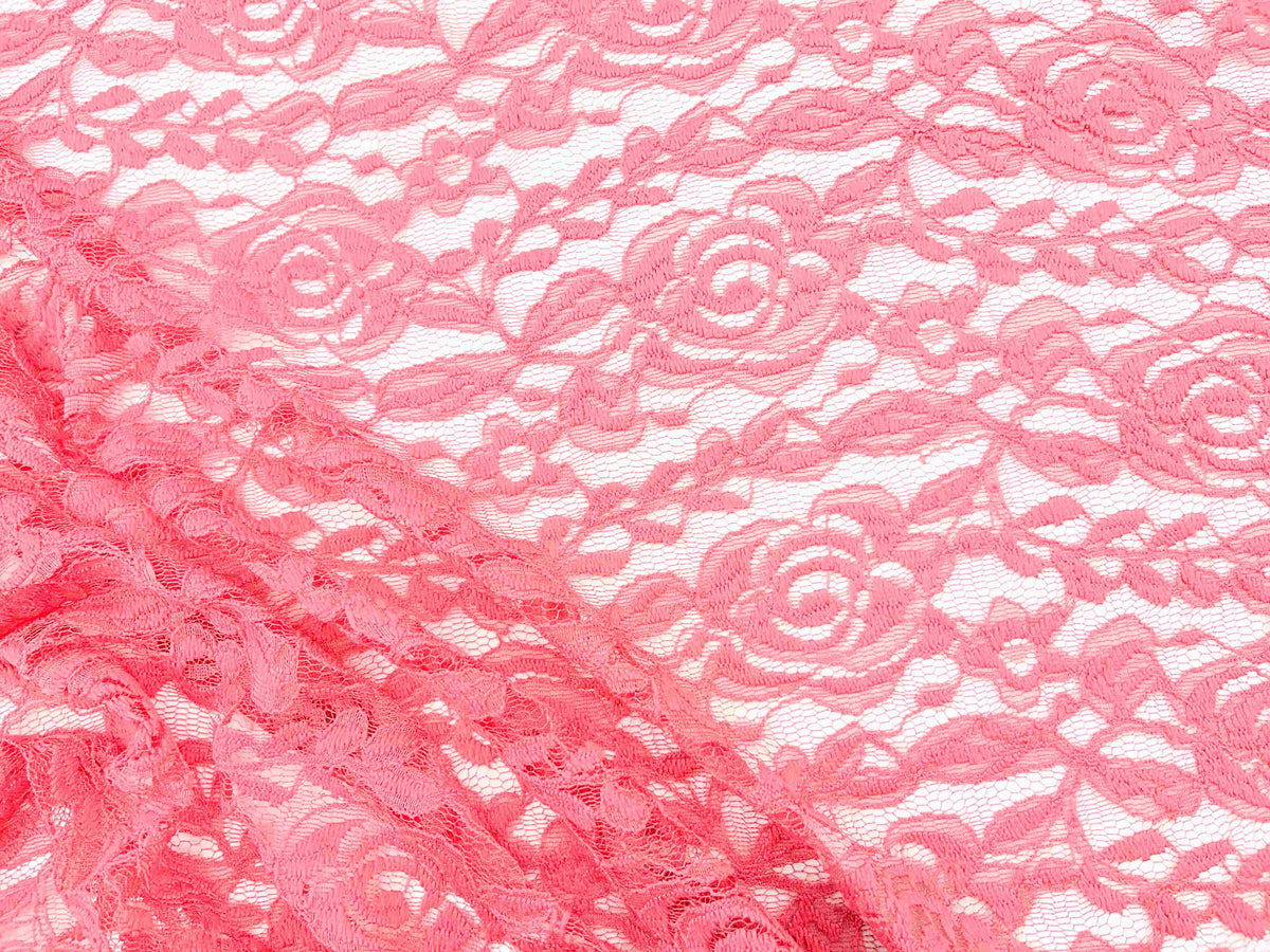 Coral rose lace fabric from Cheapfabrics with intricate floral lace pattern, ideal for apparel and craft projects.