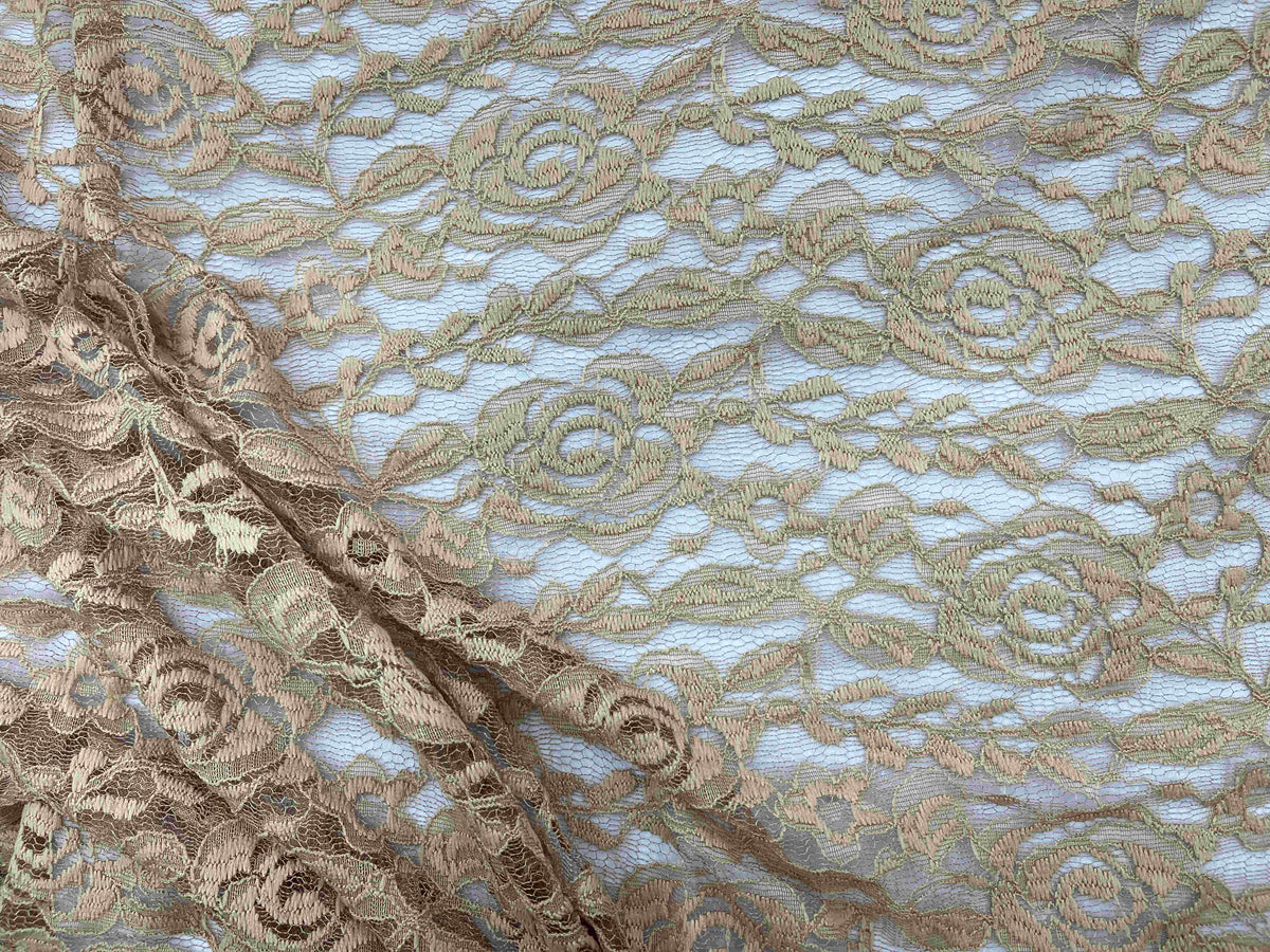 Gold rose lace fabric from Cheapfabrics, intricate floral lace material with delicate rose patterns and fine lace details.