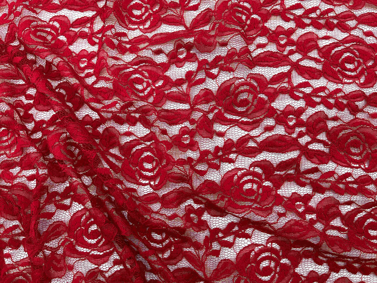 Scarlet rose lace fabric by Cheapfabrics featuring intricate floral lace design on sheer material.