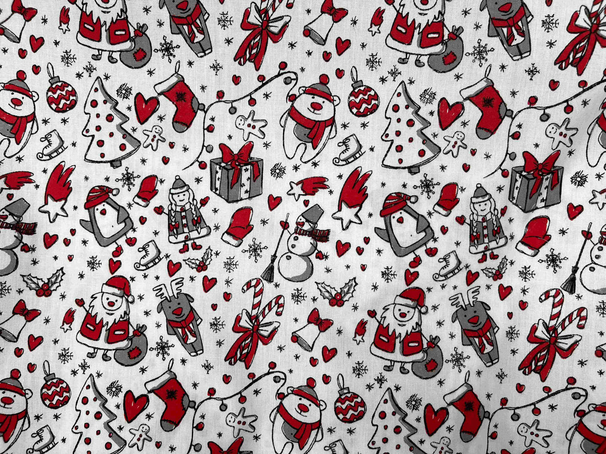 Christmas-themed pattern with red and gray elements on a white background