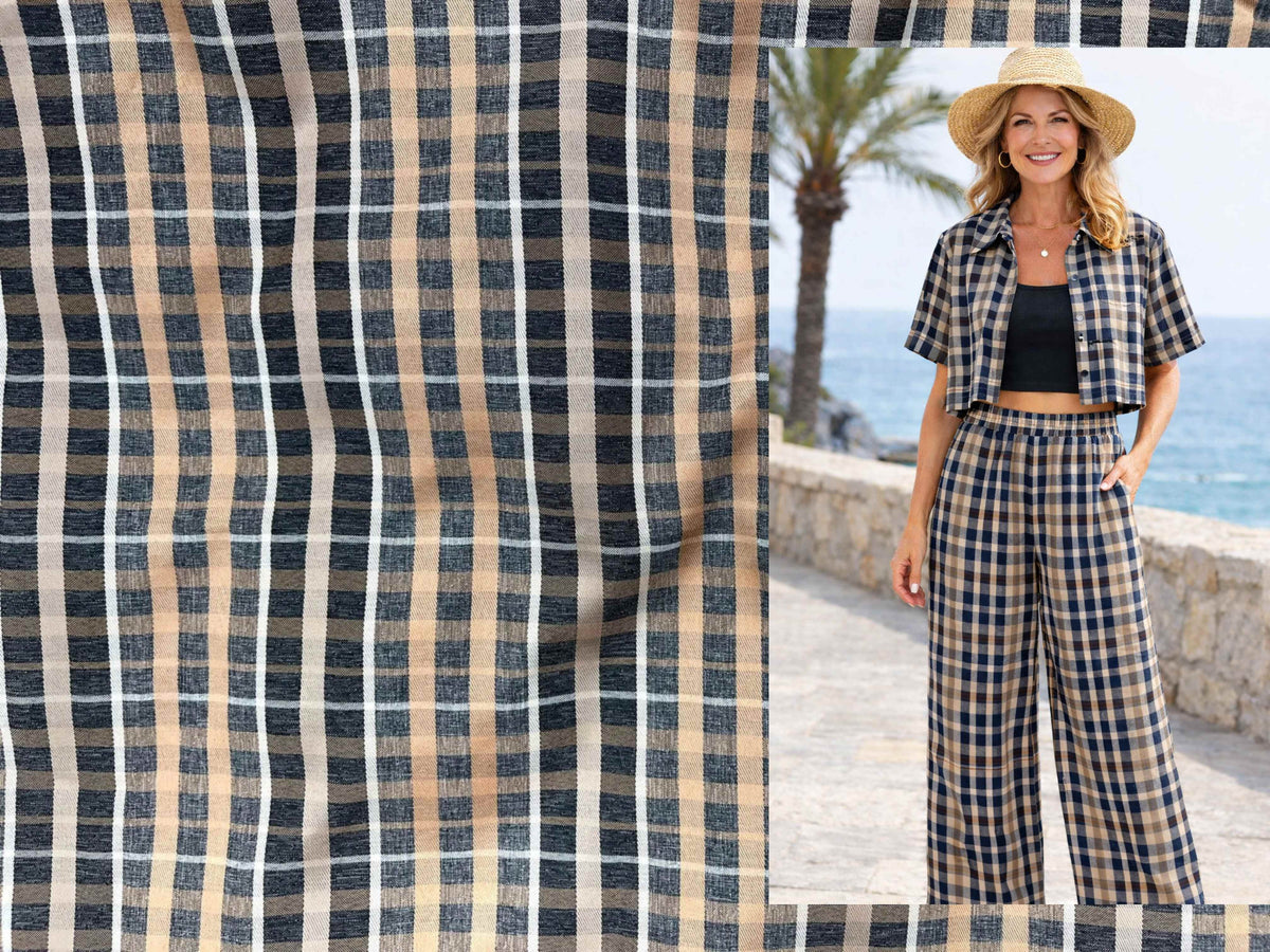 Copper satin check shirting fabric by Cheapfabrics, showing a smooth crepe texture with a stylish check pattern.