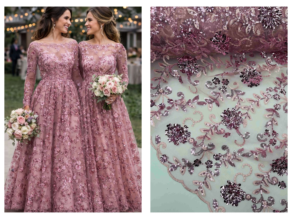 Pink scalloped lace sequin fabric with tulle, ideal for bridesmaid dresses and elegant crafts.