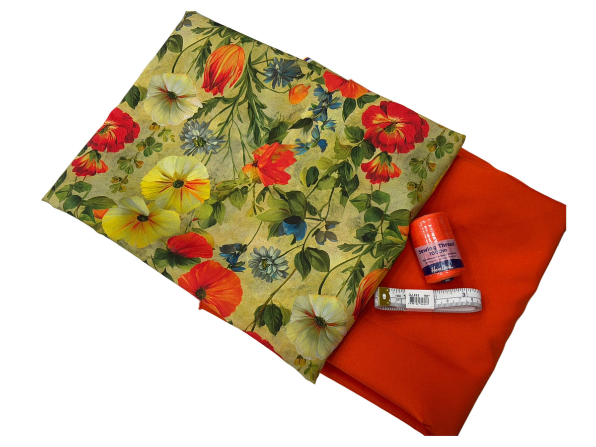 Orange Floral Peachskin Fabric - Sewing Bundle