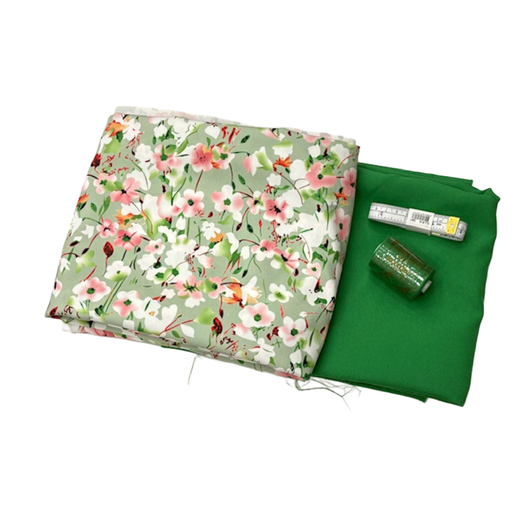 Shades Of Green Floral Peachskin Fabric - Sewing Bundle - Cheap Fabrics