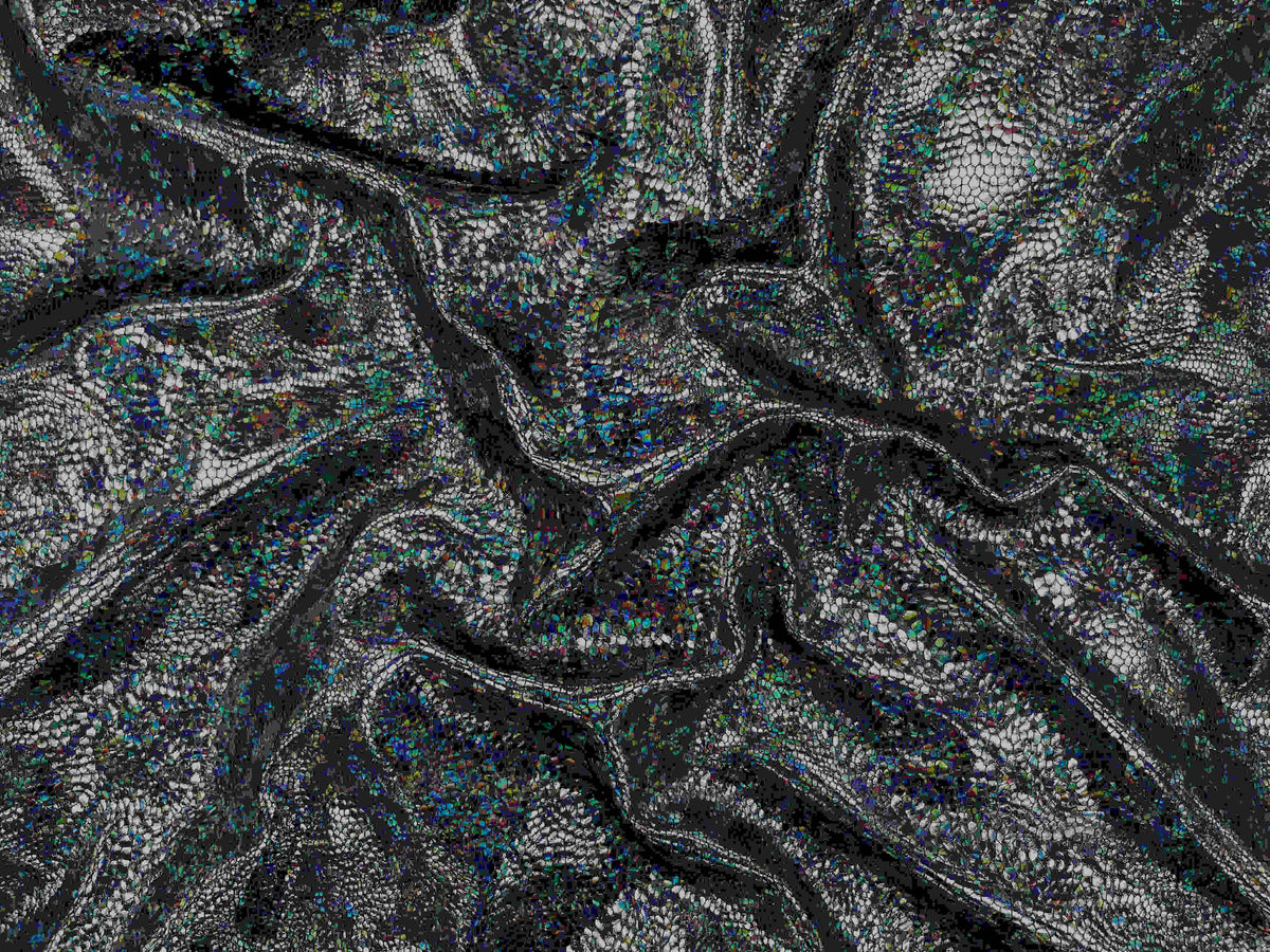 Black snakeskin hologram jersey fabric from Cheapfabrics showcasing a shiny, textured snakeskin pattern on smooth fabric.