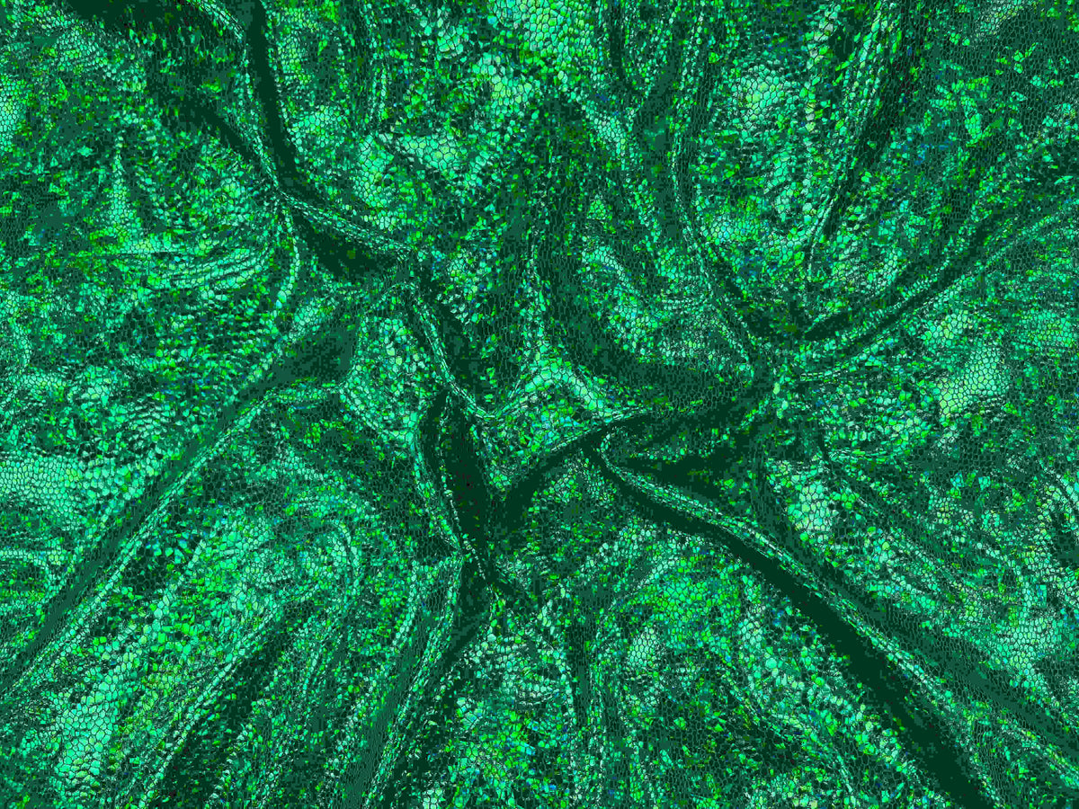Green snakeskin hologram jersey fabric from Cheapfabrics, showcasing shiny, textured snakeskin pattern on stretchy material.
