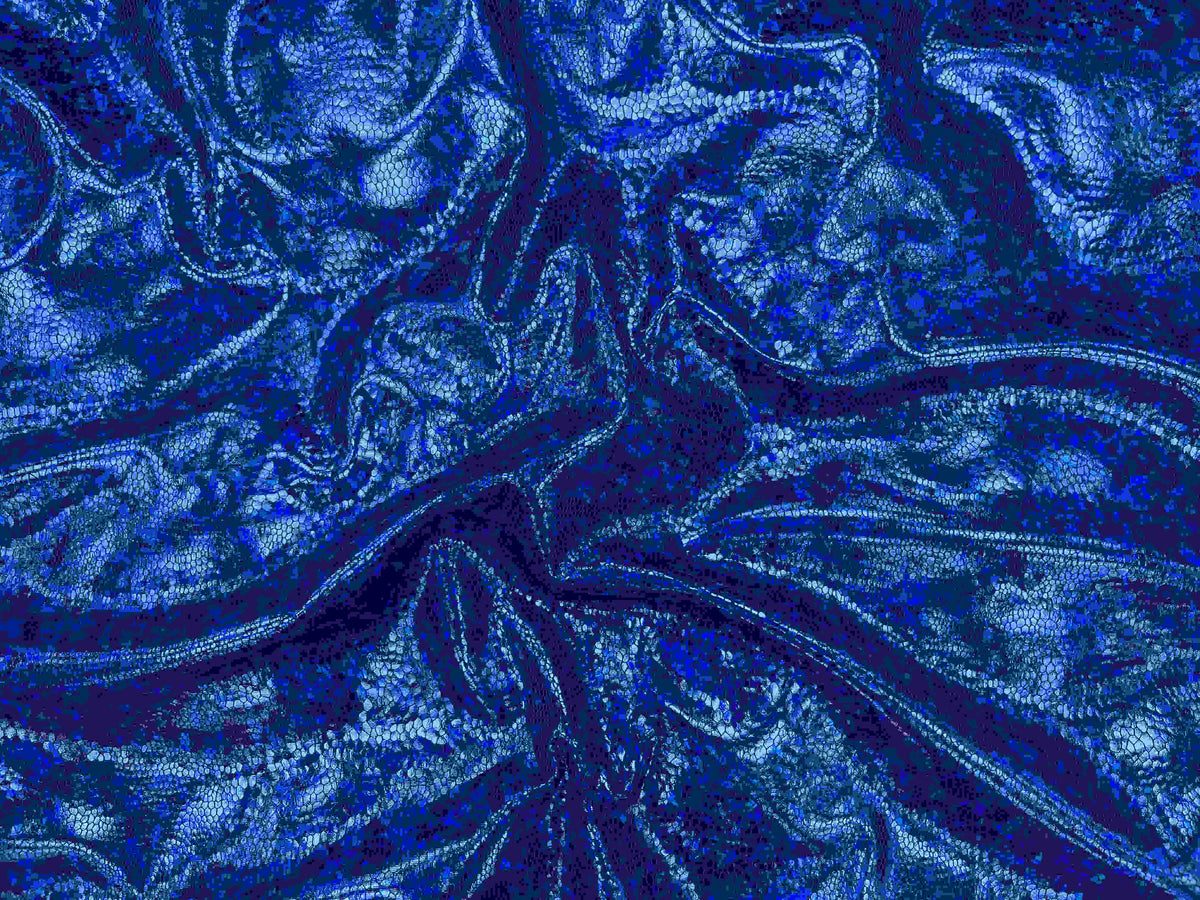Snakeskin hologram jersey fabric in royal color, showcasing shiny, textured snakeskin pattern from Cheapfabrics.