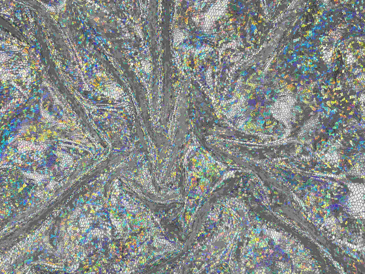 Silver snakeskin hologram jersey fabric from Cheapfabrics showcasing its shiny, textured snakeskin pattern and reflective holographic finish.