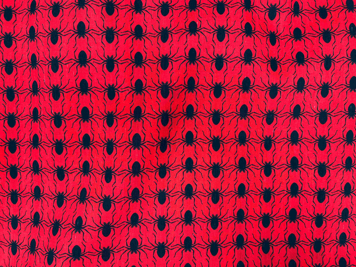Red Black Spiders - Halloween Poly/Cotton Print - Cheap Fabrics
