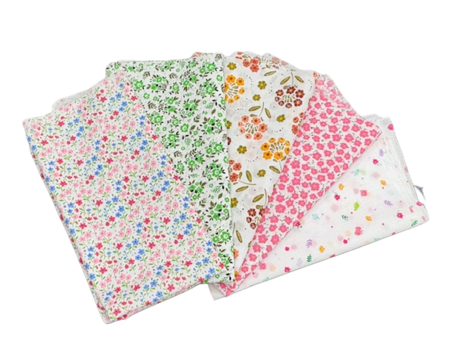 Five floral print fat quarters in a bundle, showcasing vibrant spring colors and patterns, from Cheap Fabrics.