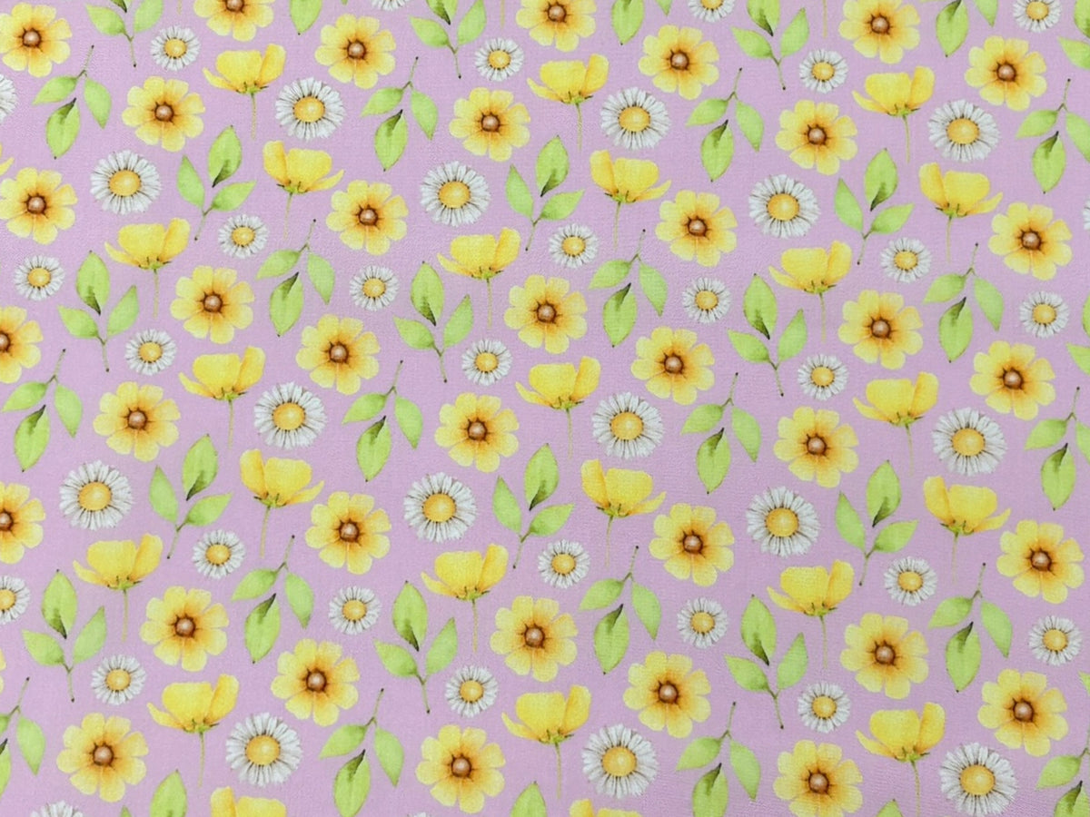 Pink Summer Daisies polycotton fabric by Cheap Fabrics with vibrant flower pattern on lightweight textile.