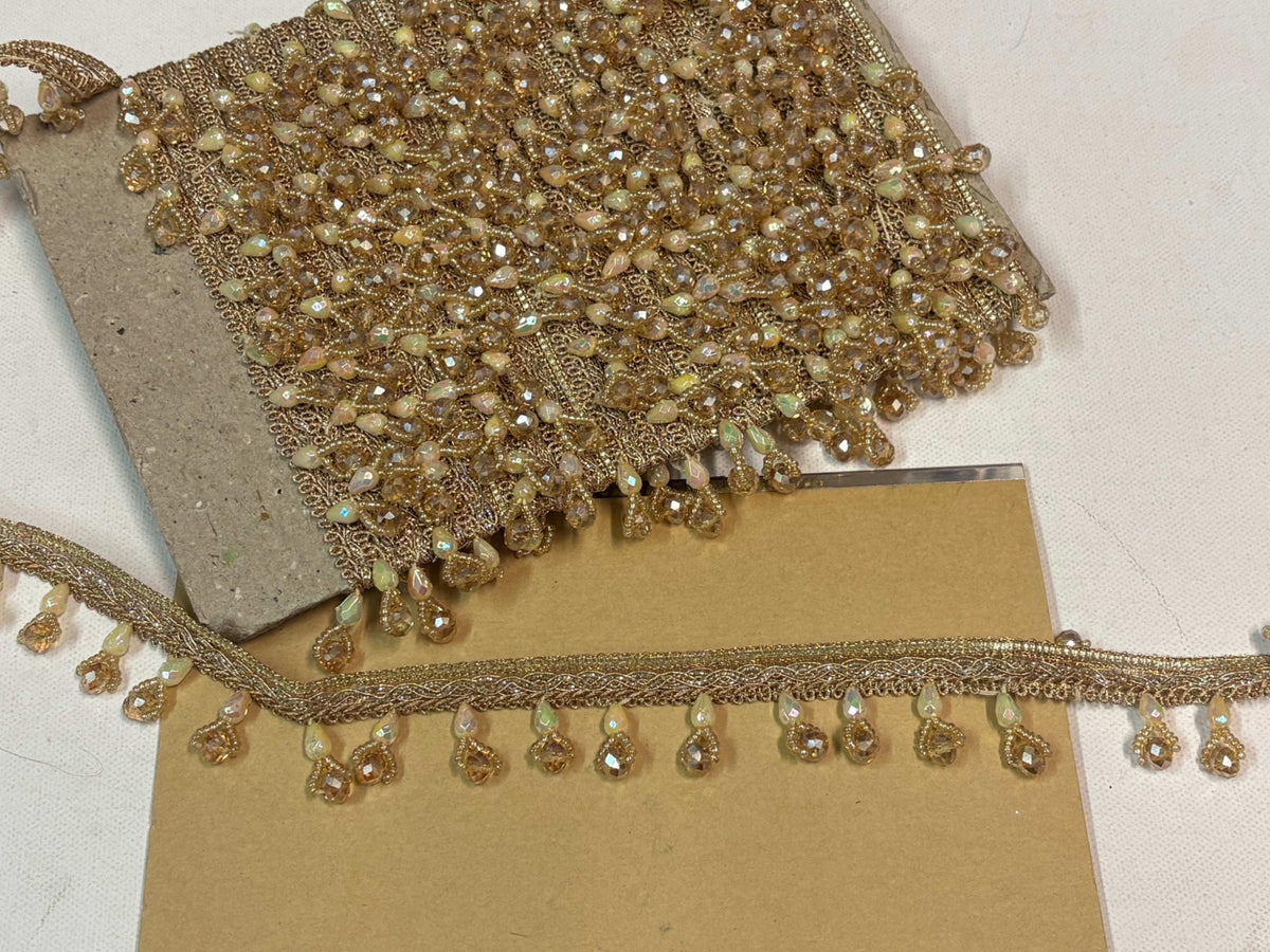 Gold Iridescent Pearl Beaded Drop Trim - Cheap Fabrics