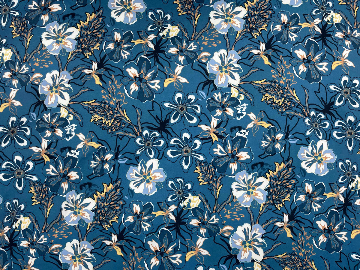 Teal Floral - Printed Peachskin Fabric - Cheap Fabrics