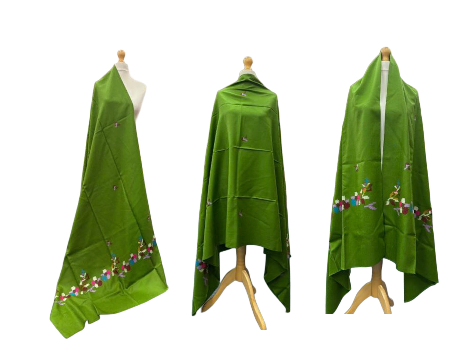 Henna Green Threadwork Wool Blend Shawl - TETRIS FLOWER BORDER - Cheap Fabrics