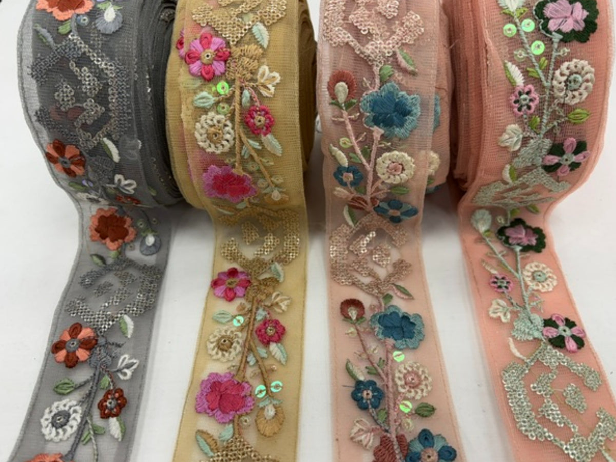 Tulle Ribbon Trim - Metallic Floral (47-50mm)