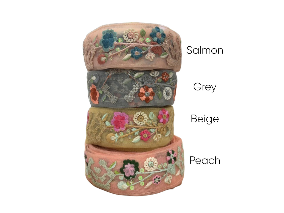 Tulle Ribbon Trim - Metallic Floral (47-50mm)