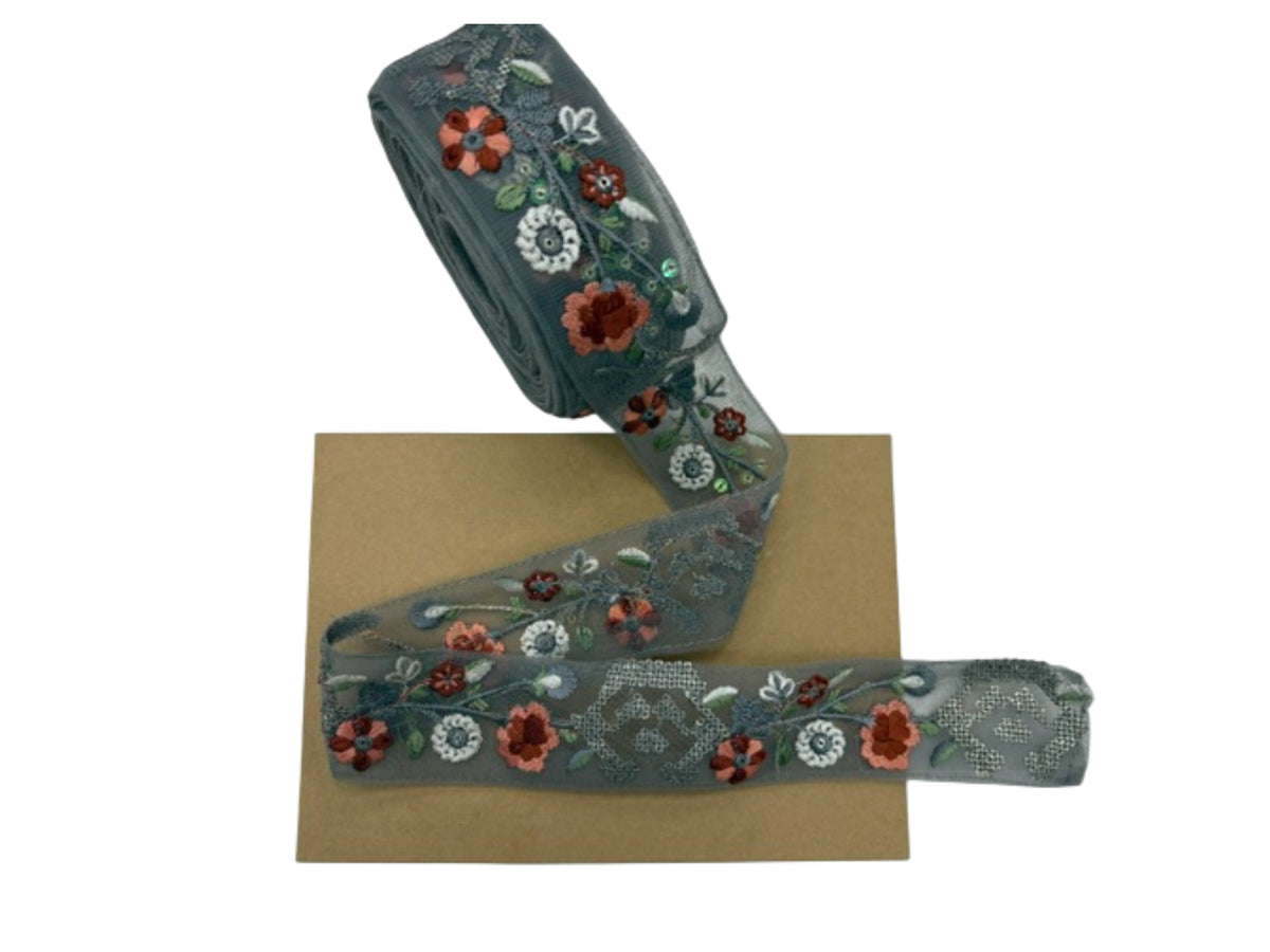 Tulle Ribbon Trim - Metallic Floral (47-50mm)