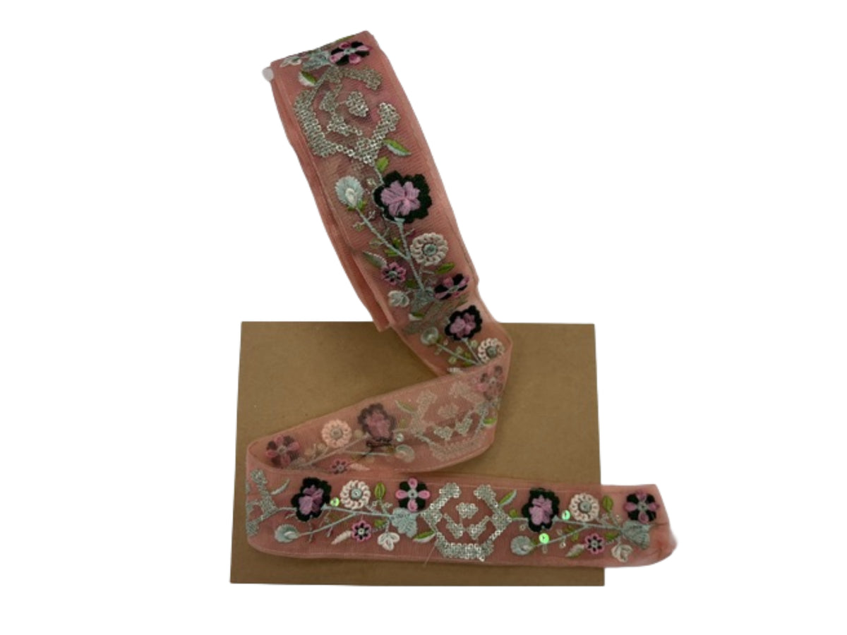 Tulle Ribbon Trim - Metallic Floral (47-50mm)